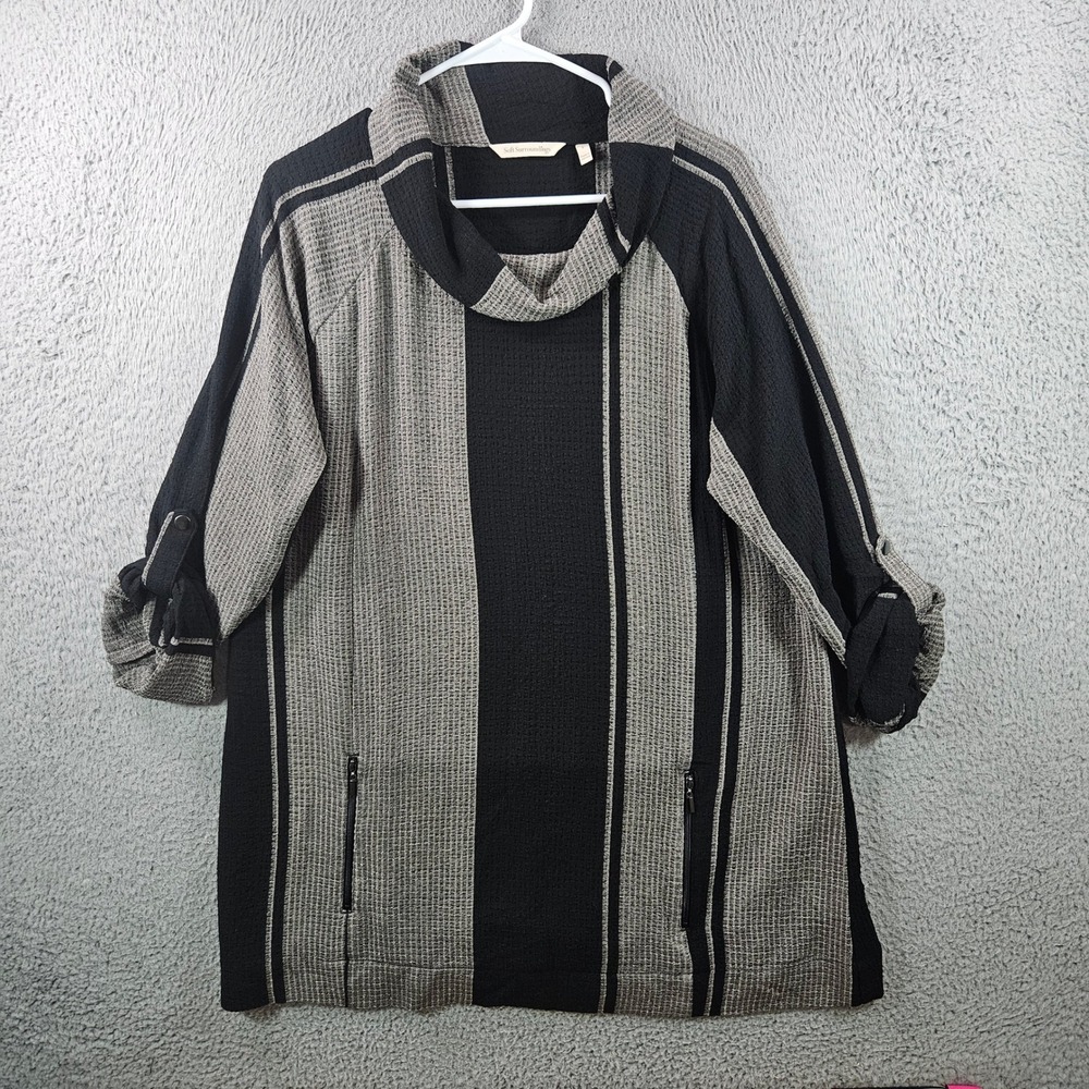 Soft Surroundings Black Gray Striped Tunic Top Women's Large Roll Tab Sleeve